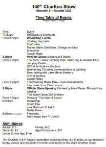 140th Charlton Show - Event Time Table